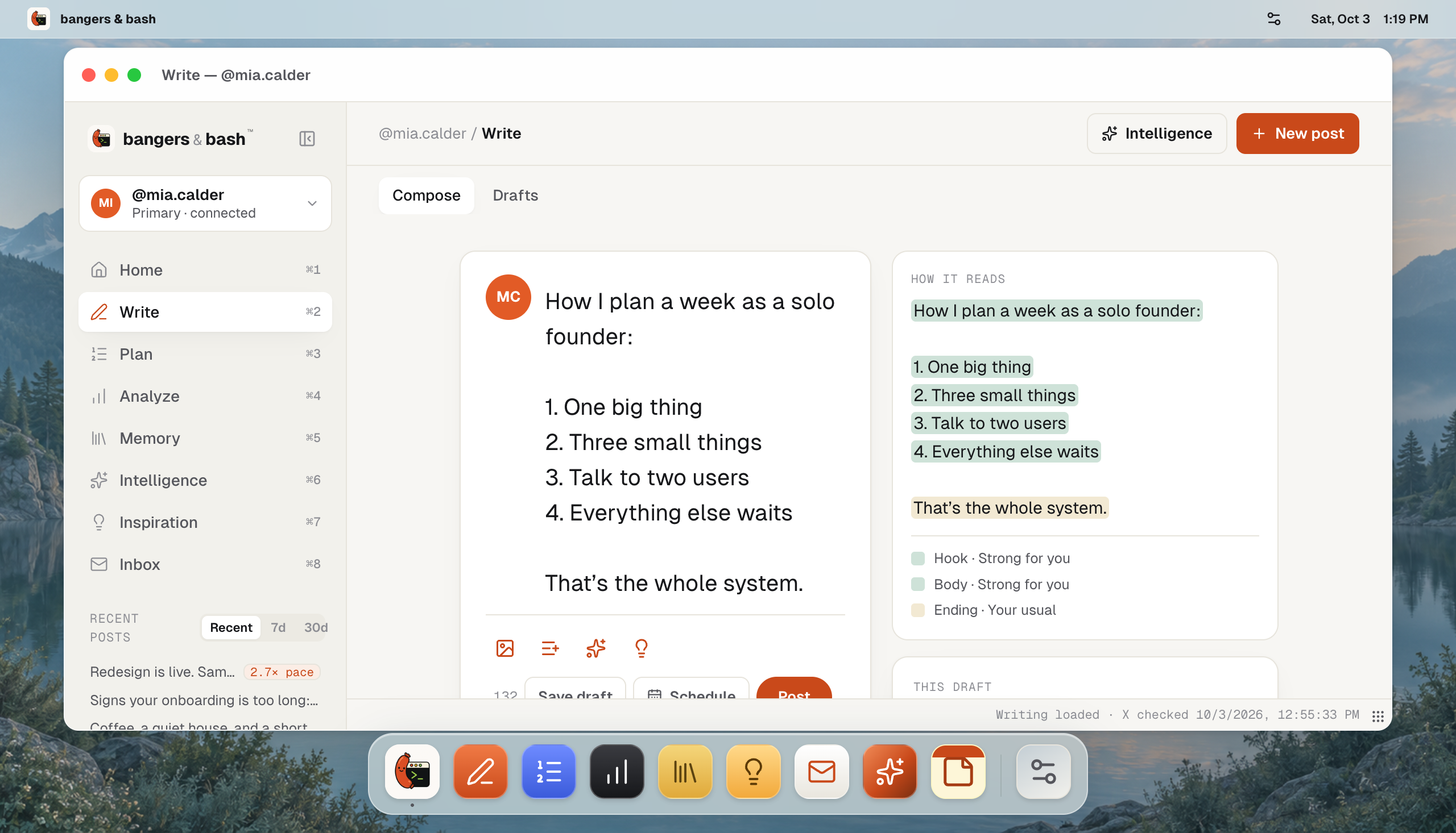 Write on a demo account: the draft in a plain box, and beside it a copy with the hook and body marked strong for this account and the ending marked usual.