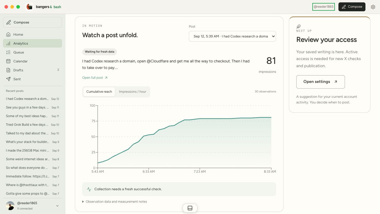 Founder pilot Analytics screen with a timestamped post reach curve and 30 observations.
