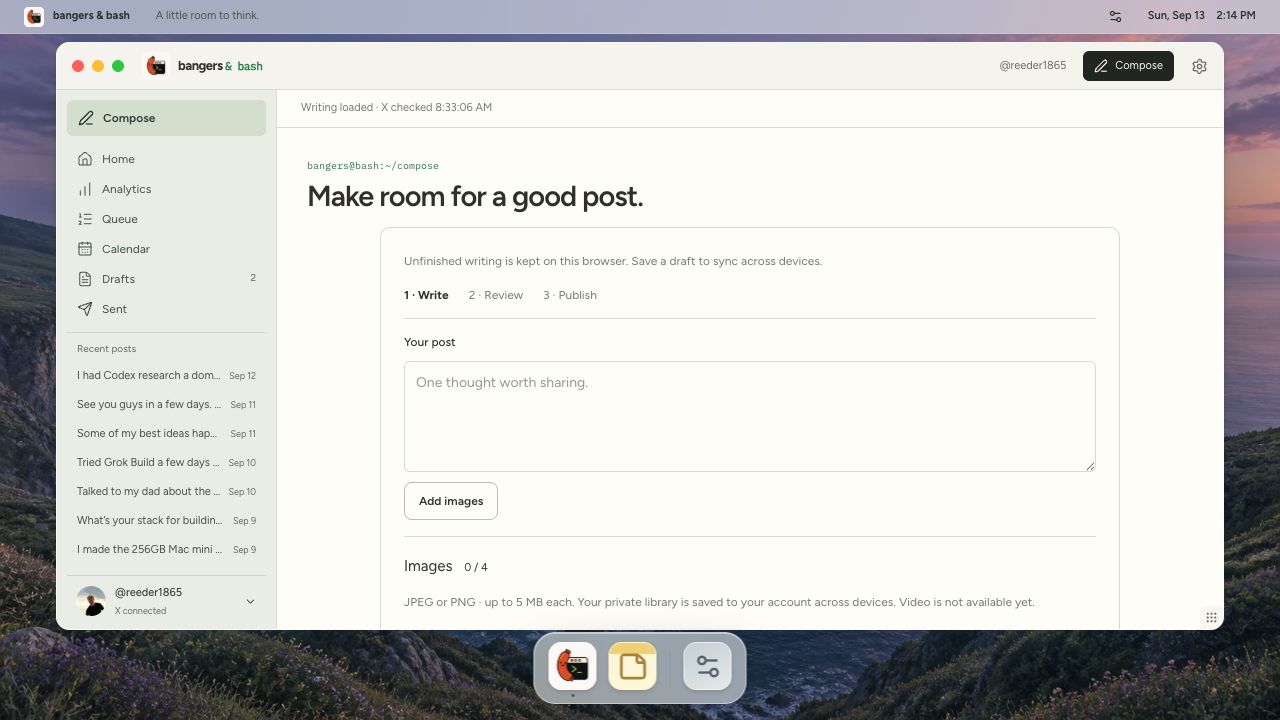 Founder pilot Compose screen with an empty writing area and saved draft navigation.