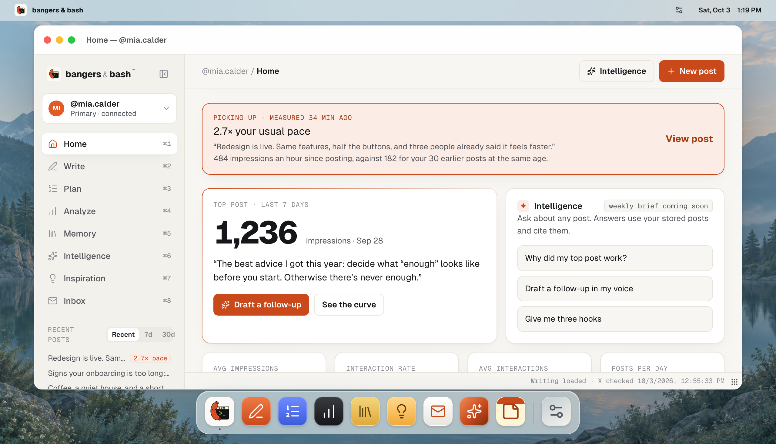 A post picking up in bangers & bash on a demo account with sample data: its first hours against the account’s usual pace.